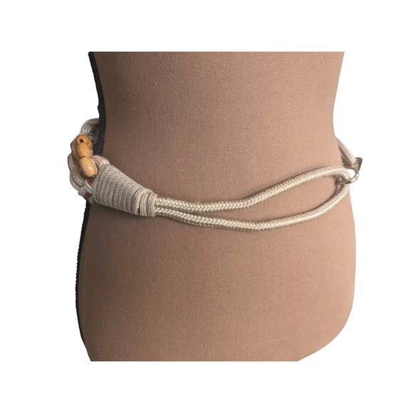 80s Macrame Belt Stretch 30-32" Earth Tones Satin Rope Wooden Beads VTG Boho - Picture 3 of 9